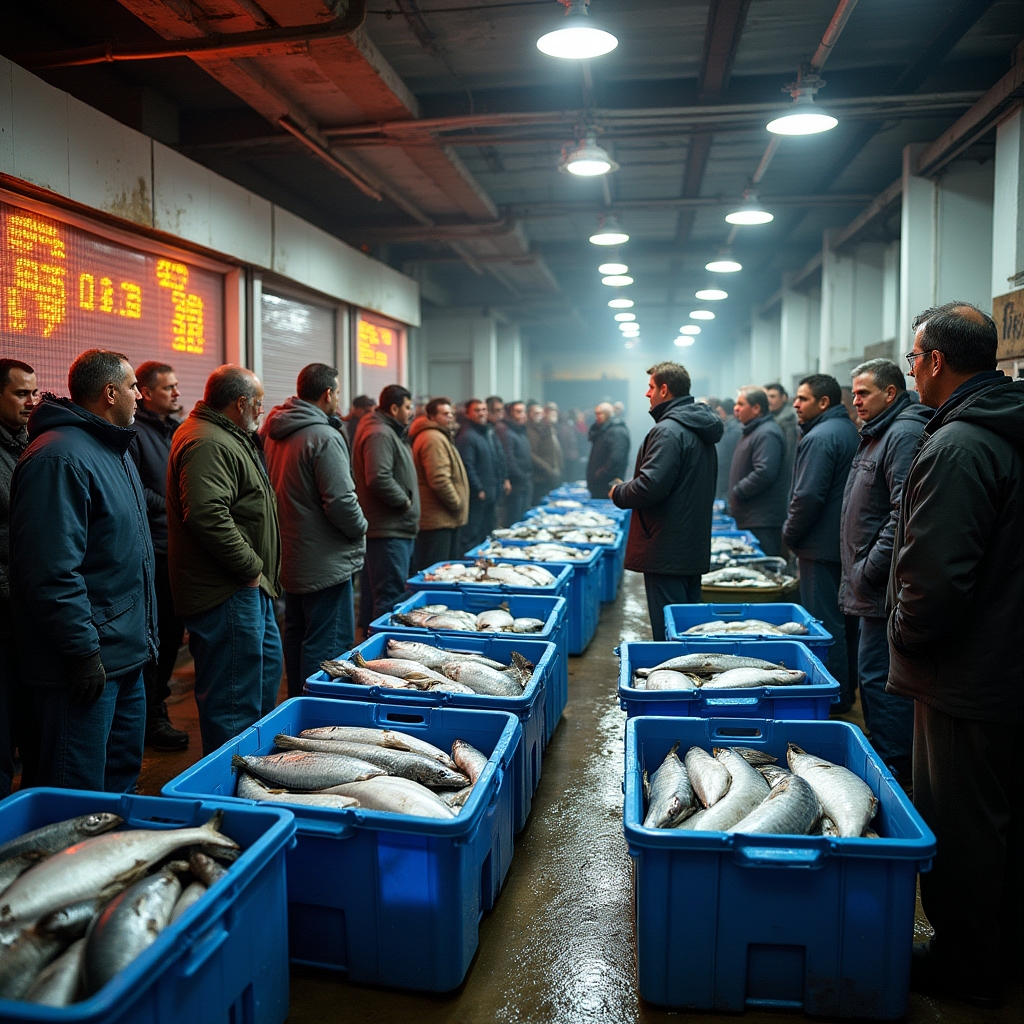 Compratori all'asta del pesce in un mercato ittico, con display che mostra i prezzi dei lotti