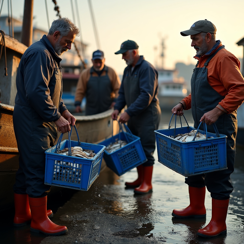 Pescatori di una cooperativa che scaricano il pescato dal natante al porto