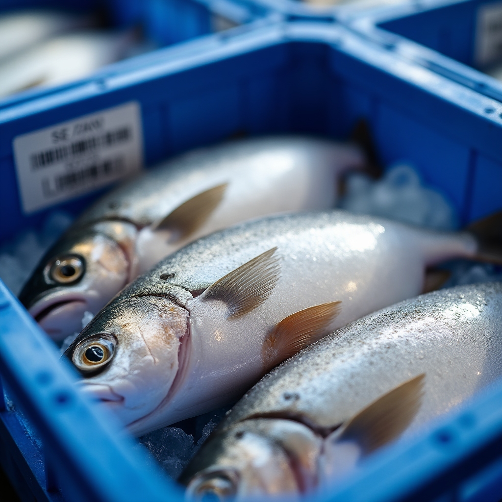 Etichette di tracciabilità applicate a cassette di pesce fresco al mercato ittico