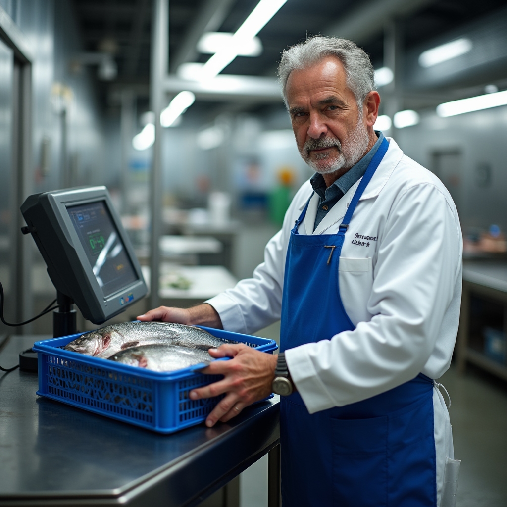 Operatore che pesa cassette di pesce su bilancia certificata collegata al sistema informatico