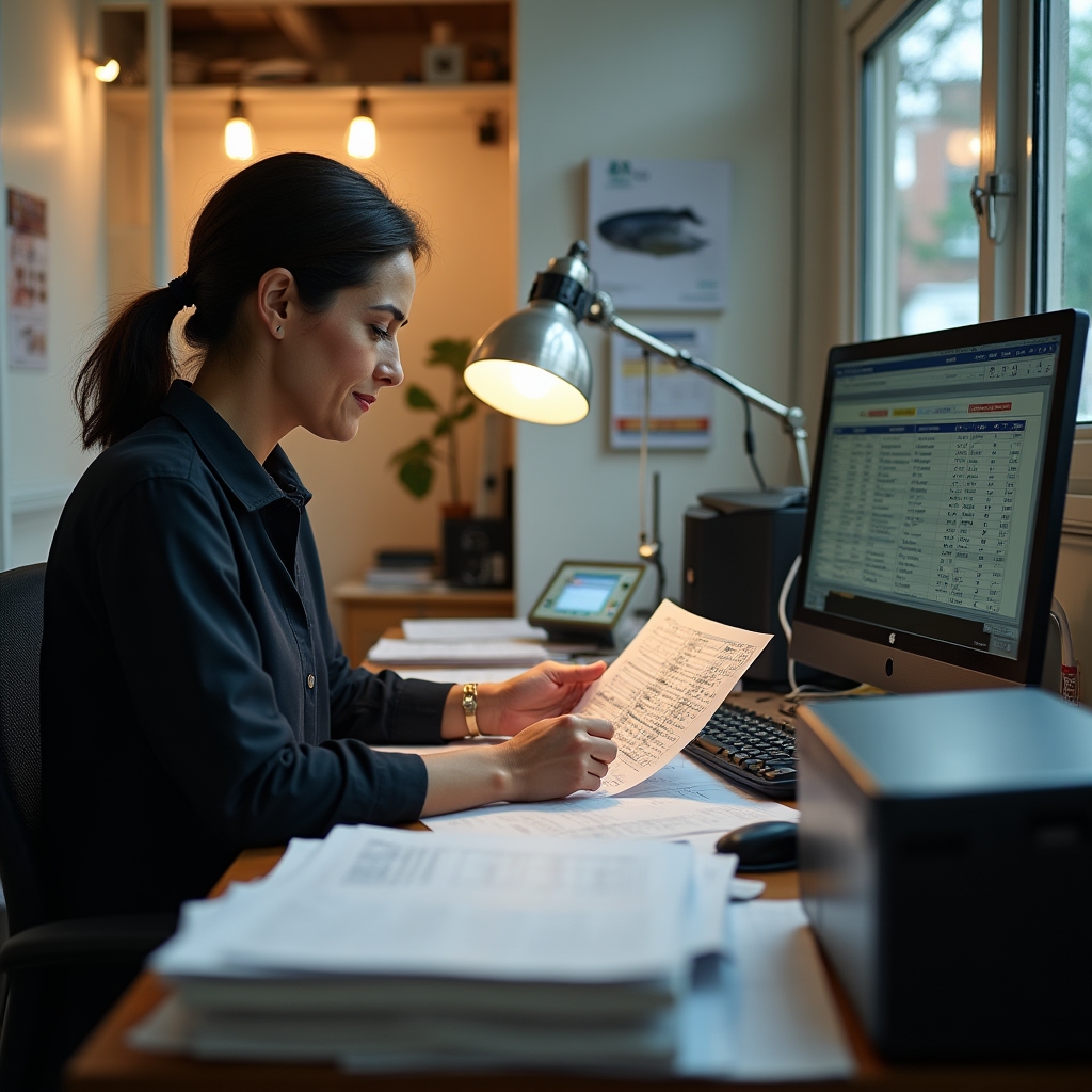 Stampa di documenti di vendita e ricevute in un ufficio di mercato ittico con computer e stampante