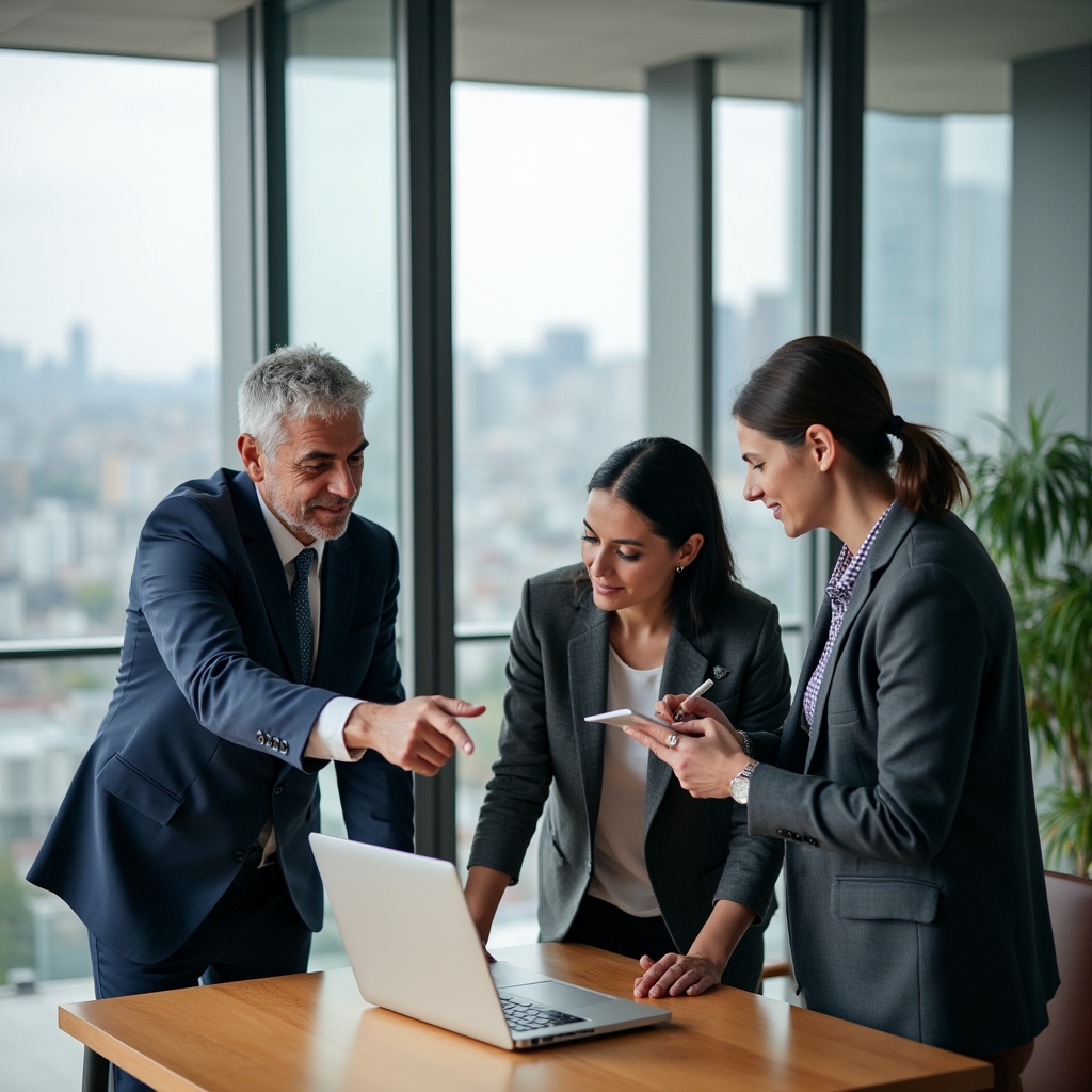 Team di sviluppatori software che discutono di un progetto per il settore ittico in un ufficio moderno